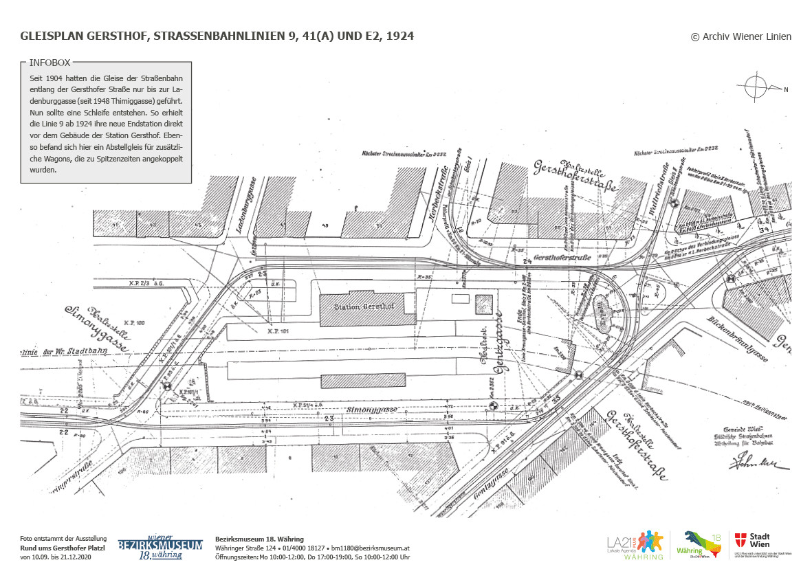 GLEISPLAN GERSTHOF, STRASSENBAHNLINIEN 9, 41(A) UND E2, 1924 © Archiv Wiener Linien